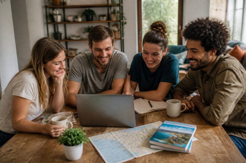 Groep vrienden vergelijkt reizen en vakanties aan tafel