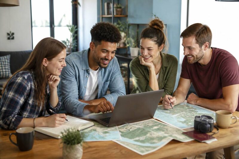 Groep vrienden bespreekt samen de planning voor een groepsvakantie