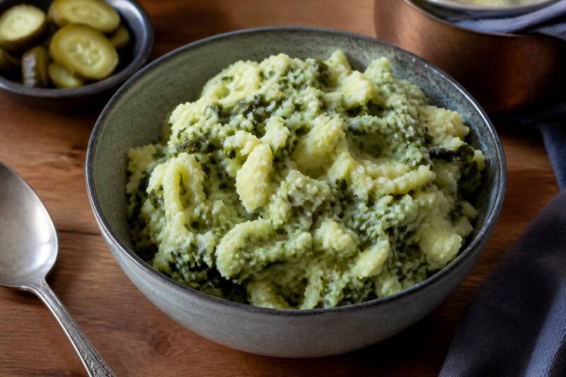 Kom stamppot met romige aardappelpuree en zichtbare groente, geserveerd op een houten tafel
