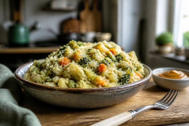 Schaal met verse stamppot met romige aardappelpuree en gemengde groenten, klaar om te serveren