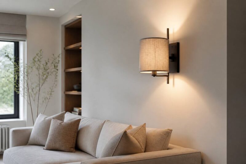 Wandlamp aan een muur die warm licht geeft in een moderne woonkamer