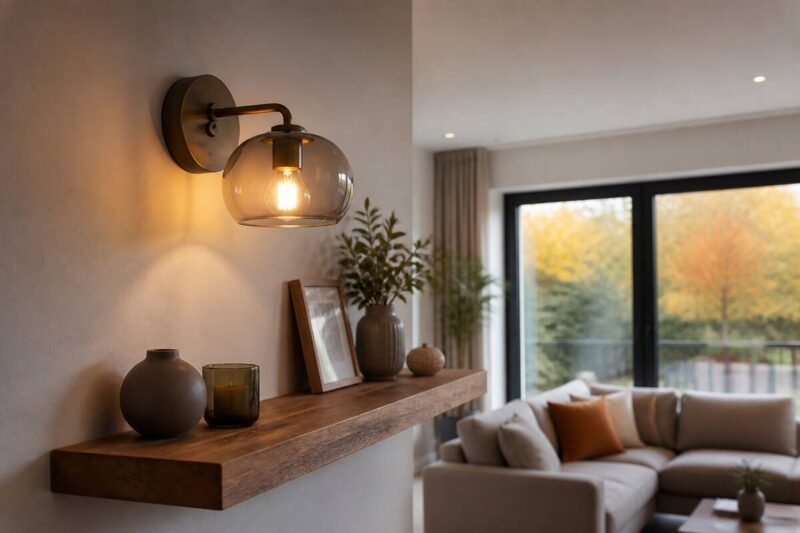 Wandlamp in een moderne woonkamer met warm sfeervol licht op de muur