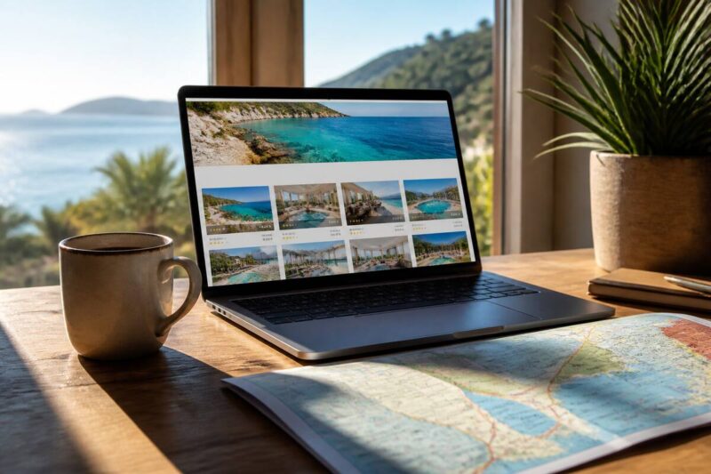 Laptop met reisopties vergelijken aan tafel voor vakantie inspiratie