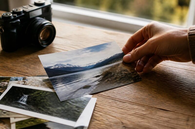 Hand die een fotoprint plaatst op een houten tafel met andere fotoafdrukken naast een camera, bij natuurlijk daglicht