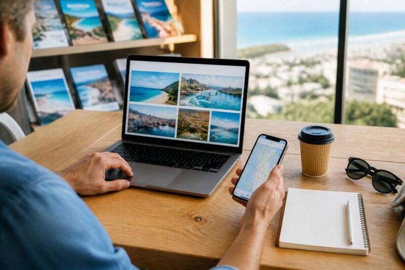 Reiziger vergelijkt vakantieopties op laptop en smartphone aan een tafel met reisnotities