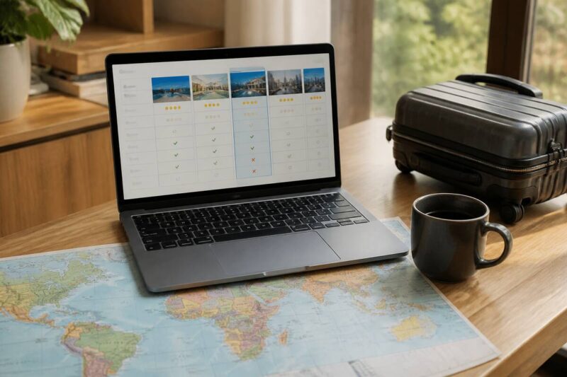Reisvergelijken met laptop, wereldkaart en reisdocumenten op een bureau