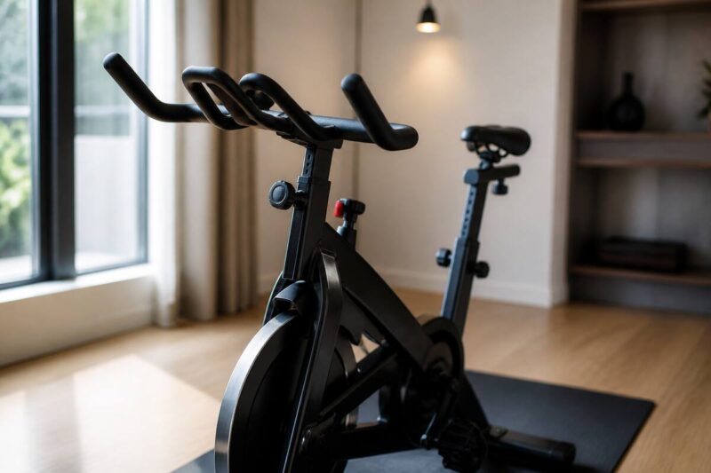 Spinning bike in een rustige thuisfitnessruimte, klaar voor een training