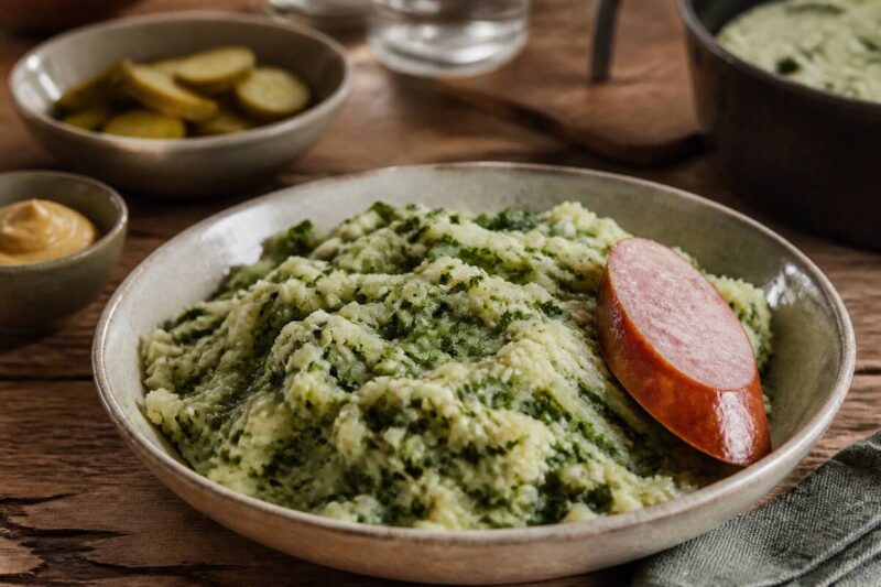 Een bord met zelfgemaakte stamppot met rookworst op een rustieke tafel